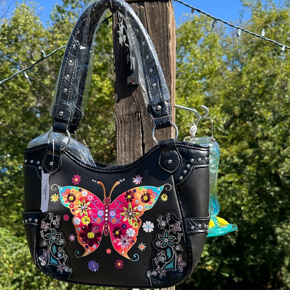 Floral Butterfly Embroidered Black Conceal Carry Handbag NWT. FLASH SALE!